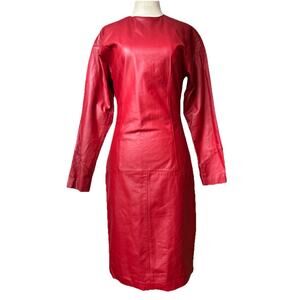 Vintage 80s Designer Ambria Red Leather Sheath Dress Sz 4 Glam Biker Moto